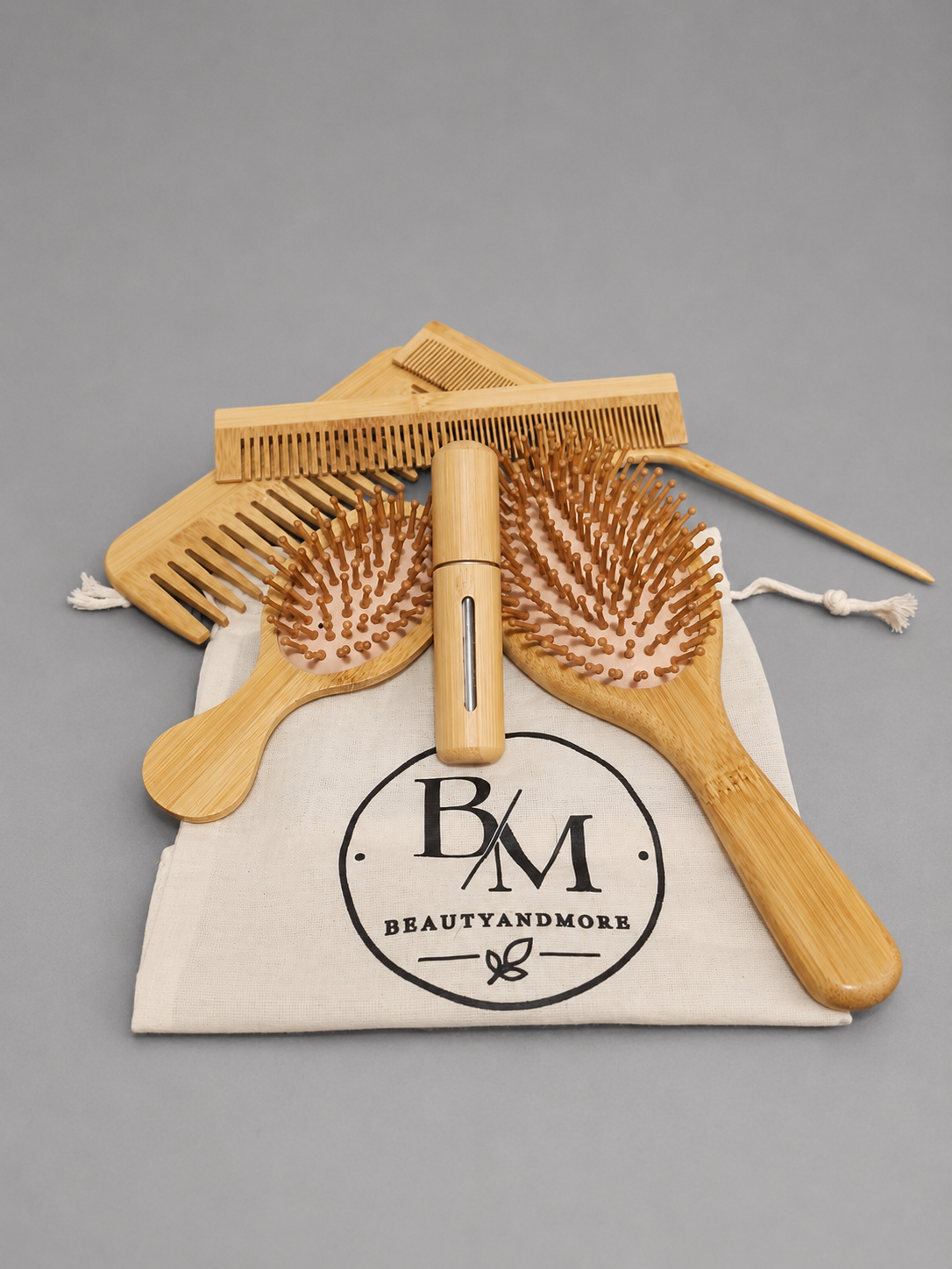 5 Piece Bamboo Hair Brush set with perfume bottle